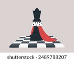 A black chess queen, adorned with a white and black collar and a red cape, stands proudly on a checkered board