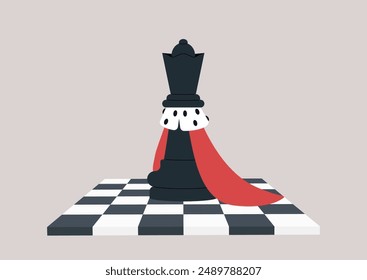 A black chess queen, adorned with a white and black collar and a red cape, stands proudly on a checkered board