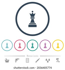 Black chess queen flat color icons in round outlines. 6 bonus icons included.