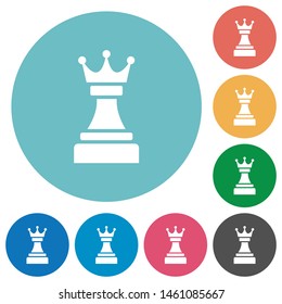 Black chess queen flat white icons on round color backgrounds