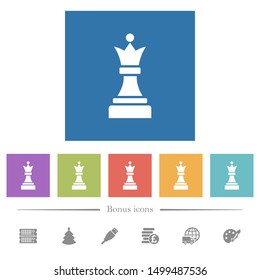 Black chess queen flat white icons in square backgrounds. 6 bonus icons included.