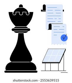 Black chess rook, document with a check mark, and solar panel in a minimalist vector style. Ideal for strategy, planning, documentation, renewable energy, and decision-making themes