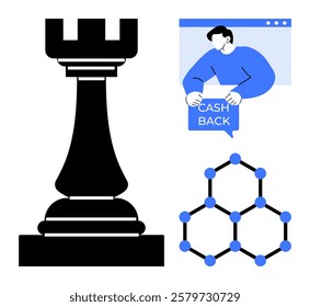 Black chess rook, a person with a cashback sign, and a hexagonal network pattern with blue nodes. Ideal for finance, strategy, innovation, digital marketing, and technology themes. Minimalist vector