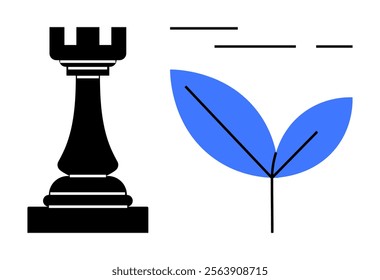 A black chess rook symbolizing strategy and a blue leaf representing growth and nature. Ideal for themes of growth, strategy, nature, development, and balance. Simple, modern, flat style