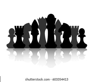 Black chess silhouette figures set collection on white background. Items for intellectual strategic chessboard game