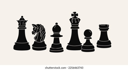 Black chess symbols set. Invert figures for board game. Business leadership concept. King, queen, bishop, knight, rook, pawn symbols. Isolated vector black silhouettes in line style. 