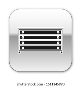 Black Chest of drawers icon isolated on white background. Silver square button. Vector Illustration
