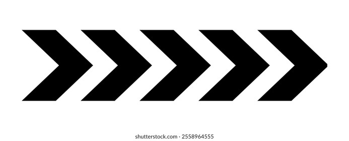 Black chevron arrows in horizontal arrangement. Repeated V-shaped stripes design. Motion, loading, road caution, military or navigation sign isolated on white background. Vector graphic illustration.