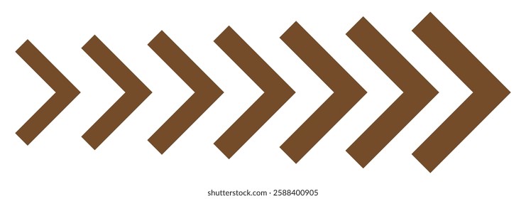 Black chevron arrows in horizontal arrangement. Repeated V-shaped stripes design. Motion, loading, road caution, military or navigation sign isolated on white background. Vector graphic illustration.
