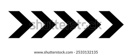 Black chevron arrows. Ornament with repeated V shaped stripes. Pointer, next to, road caution, military, navigation sign isolated on white background. Vector graphic illustration.