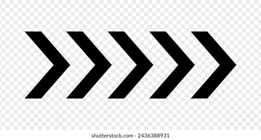 Flechas chevron negras. Rayas repetidas en forma de V. Precaución vial, militar o ejército, navegación u orientación, descarga o siguiente señal aislada en fondo transparente. Ilustración plana vectorial.