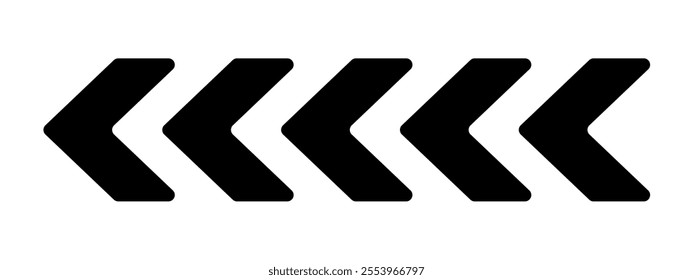 Black chevron arrows. Repeated V shaped stripes. Motion or orientation, download, road caution, look here, next to, military or navigation signs isolated on white background. Vector illustration.