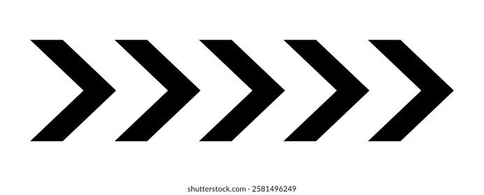 Black chevron arrows. Repeated V shaped stripes print. Orientation, motion, road caution, download, army insignia, next direction, military or navigation sign. Vector graphic illustration.