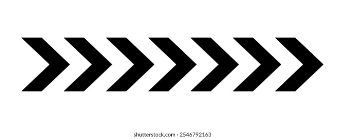 Black chevron arrows. Repeated V-shaped stripes print. Motion, download, next to, look here, road caution, army insignia, military or navigation sign isolated on white background. Vector illustration.