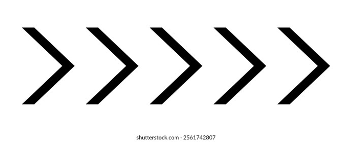 Black chevron arrows. Repeated V-shaped stripes. Motion, orientation, loading, road caution, army insignia, military or navigation sign isolated on white background. Vector graphic illustration.