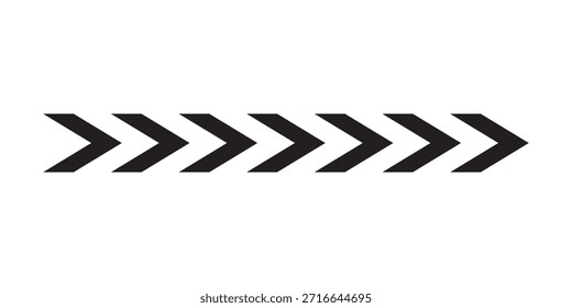 Black chevron arrows. Repeated V-shaped stripes print. Motion, download, next to, look here, road caution, army insignia, military or navigation sign isolated on white background. Vector illustration.

