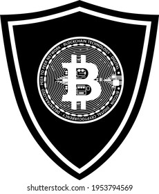 Black chevron bitcoin protective shield. Bitcoin digital virtual cryptocurrency protection system. Flat coin realistic