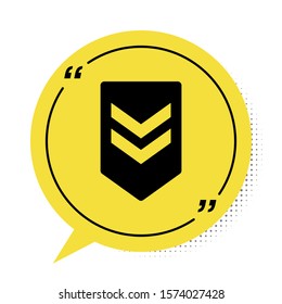 Black Chevron icon isolated on white background. Military badge sign. Yellow speech bubble symbol. Vector Illustration
