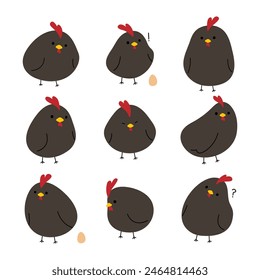 Black Chicken 3 cute on a white background, vector illustration.