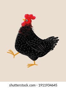 Black chicken character icon vector illustration. Sketch,rough, black, art line,engraving farm animal.