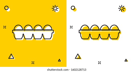 Black Chicken egg in box icon isolated on yellow and white background. Random dynamic shapes. Vector Illustration