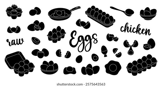 Black chicken eggs set. Raw and boiled eggs, broken and whole eggshells, protein and yolk, omelette. Organic farm product. Vector illustration.