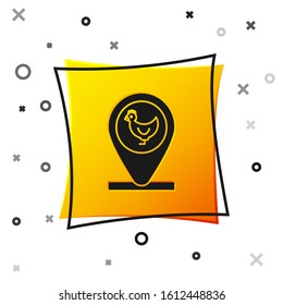 Black Chicken farm and location icon isolated on white background. Yellow square button. Vector Illustration