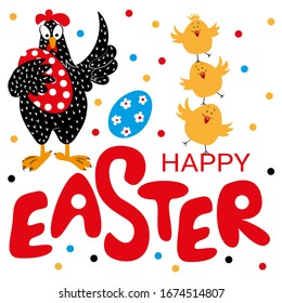 A black chicken holds a red egg, three chicken stand on each other's heads. Scandinavian style easter card, flat illustration. Happy Easter lettering. Flyer, congratulation, invitation, poster, banner