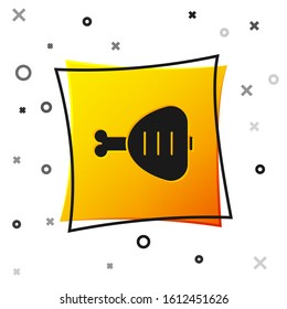 Black Chicken leg icon isolated on white background. Chicken drumstick. Yellow square button. Vector Illustration