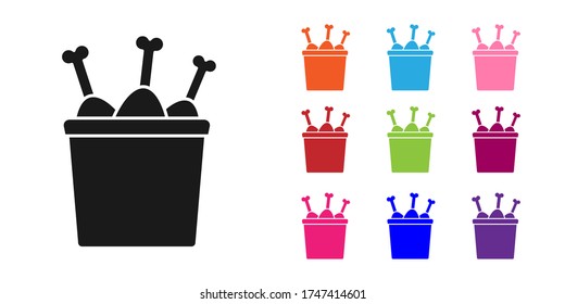 Black Chicken leg in package box icon isolated on white background. Chicken drumstick. Set icons colorful. Vector Illustration