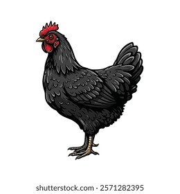 A black chicken with a red comb is isolated on a white background. The chicken is depicted in a classic posture with its head held high, giving the illustration a sense of proud dignity.