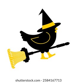 Black Chicken witch in hat. Magic rooster