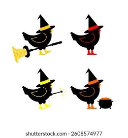 Black Chicken witch in hat. Magic rooster