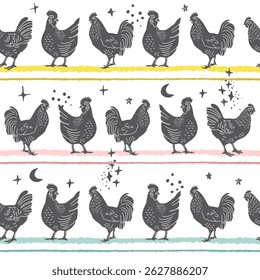 Black Chickens Standing in Line Vector Seamless Pattern