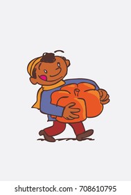 black child with big pumpkin between arms. Character of boy, funny style, isolated.