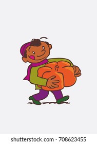 black child with big pumpkin between arms. Character of boy, funny style, isolated.
