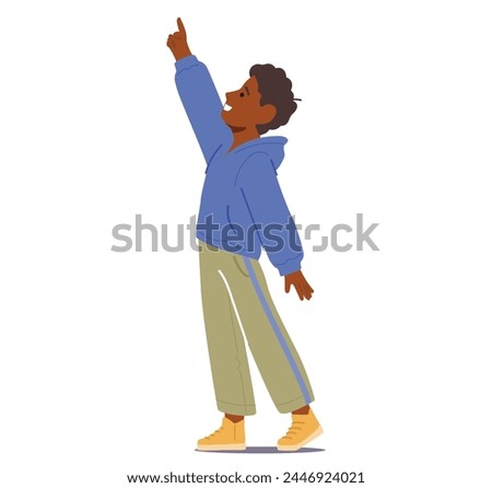 Black Child Boy Character Points Upward, Tiny Finger Aimed At The Sky, Eyes Wide With Wonder, Innocence Reflected In Gesture With Curiosity And Excitement. Cartoon People Vector Illustration