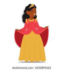 Black Child Character in Queen Dress. Little Girl Beams In A Sparkling Princess Gown, Eyes Alight With Joy, As She Twirls, Her Gown Fluttering Like Magic Around Her. Cartoon People Vector Illustration