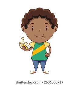Black child eating banana, vector illustration
