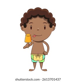 Black child eating flavored ice on a stick, swimwear, summer, drawing