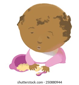 Black child eats and plays with food. Vector. May be used not only on white background. 