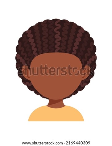 Black Child with Empty Face. Hairstyle Afro Curls on the Head of a Little Boy. Blank. Portrait. Kid in a Yellow Shirt. Template. Color Cartoon style White background. Vector illustration.