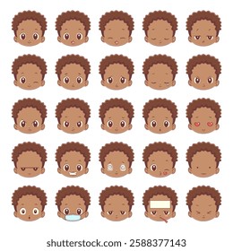 Black child facial expressions, vector illustration, set collection