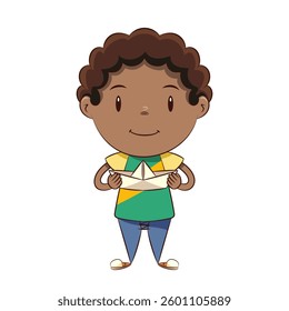 Black child holding origami paper boat, vector illustration