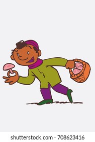 black child picking mushrooms. Character of boy, funny style, isolated.
