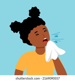 Black Child Sneezing Concept Vector. Kids Blowing In Handkerchief. Children Catch A Cold From Season Allergy.