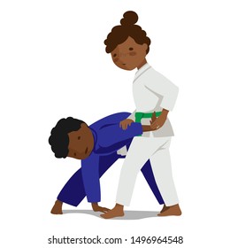 Schwarze Kinder üben, verteidigen Fähigkeiten in Uniform. Farbige Vektorillustration, flache Abbildung. Geeignet für orientalische Kampfkunst wie Aikido, Judo, Karate, Jiu-jitsu, Budo