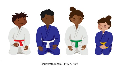 Black children in uniform. Colorful vector flat illustration. Suitable for oriental martial arts such as aikido, judo, karate, jiu-jitsu, budo