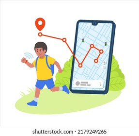 Black children with watch tracker mobile application monitoring gps location map vector illustration