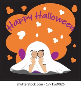 Black children's card for Halloween. A child in a ghost costume lies on his stomach on the floor. Above is the inscription Happy Halloween. Vector illustration, layered.Each layer and group are named.